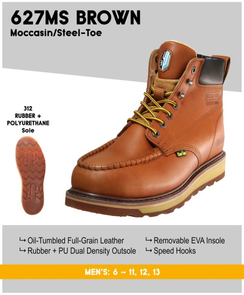 Cactus Men’s 627MS 6” Dual Density Outsole Moc/Steel-Toe Work Boots – Brown